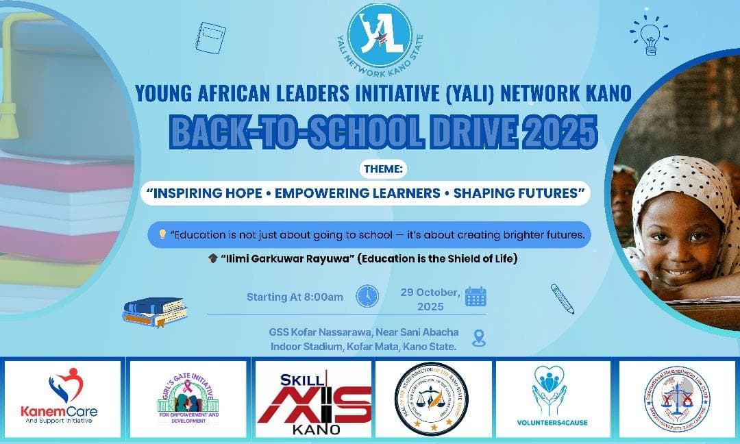 YALI Network Kano flyer for the Back-to-School Drive 2025 at GSS Kofar Nassarawa, 29 October 2025