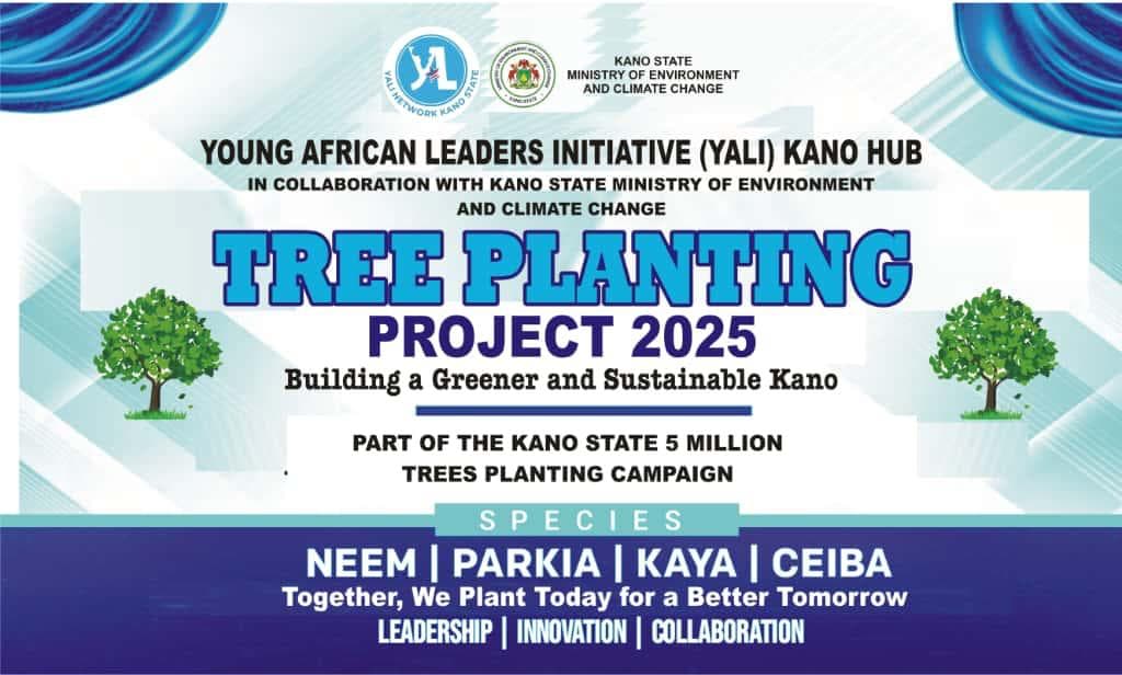 YALI Kano Hub flyer for the Tree Planting Project 2025, listing neem, parkia, kaya and ceiba species